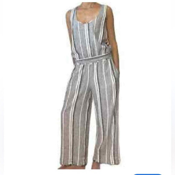 Cloth & Stone Striped Jumpsuit Wide Frayed Legs Open Back Linen Blend XS - Picture 1 of 16